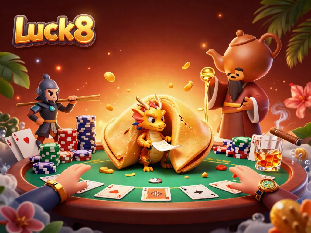 Experience exciting gameplay at Luck8 with a lively scene featuring dragons, poker chips, and golden fortunes.