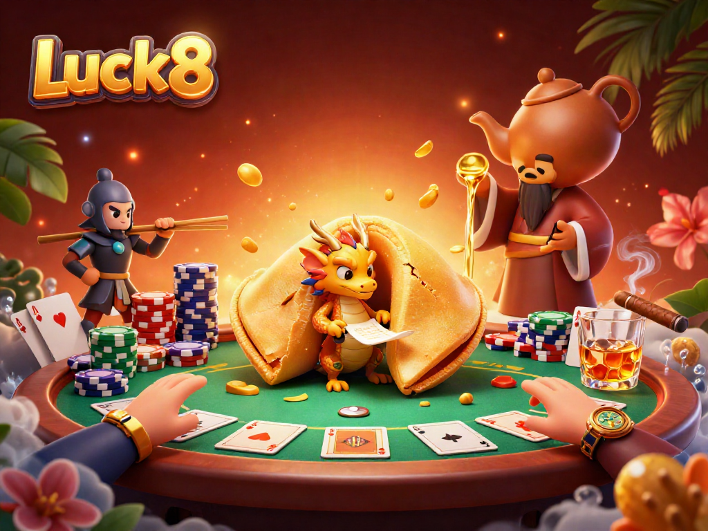 Experience exciting gameplay at Luck8 with a lively scene featuring dragons, poker chips, and golden fortunes.