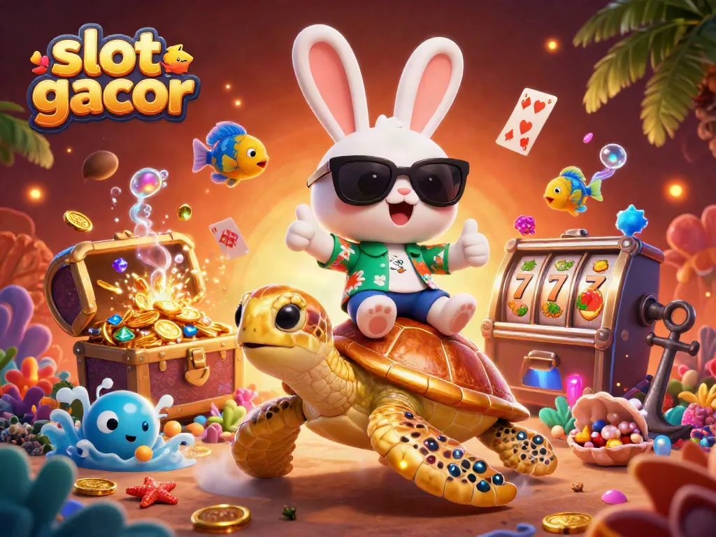 Ilustrasi slot gacor dengan kelinci keberuntungan dan kura-kura emas di latar belakang laut.