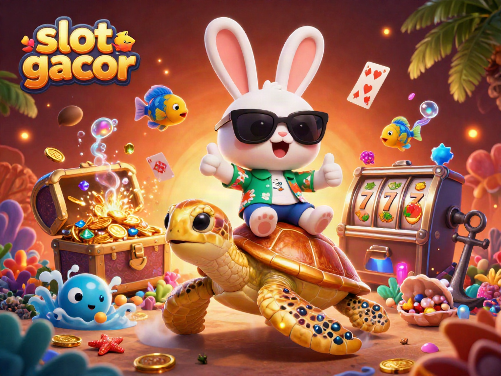 Ilustrasi slot gacor dengan kelinci keberuntungan dan kura-kura emas di latar belakang laut.