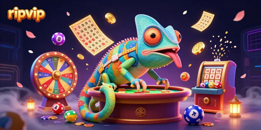 Experience ripvip excitement with a lively chameleon casino owner amidst colorful lottery elements and thrilling gaming action.