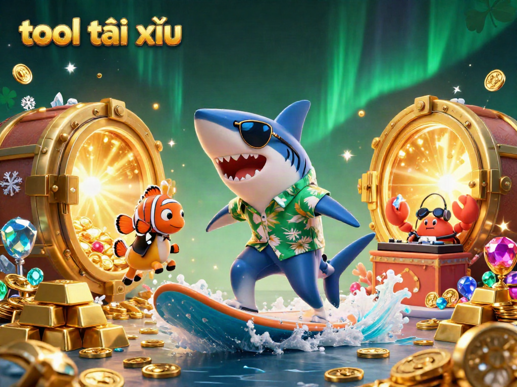 Engage with the exciting tool tài xỉu gameplay amidst a vibrant scene of colorful characters and dazzling treasures.