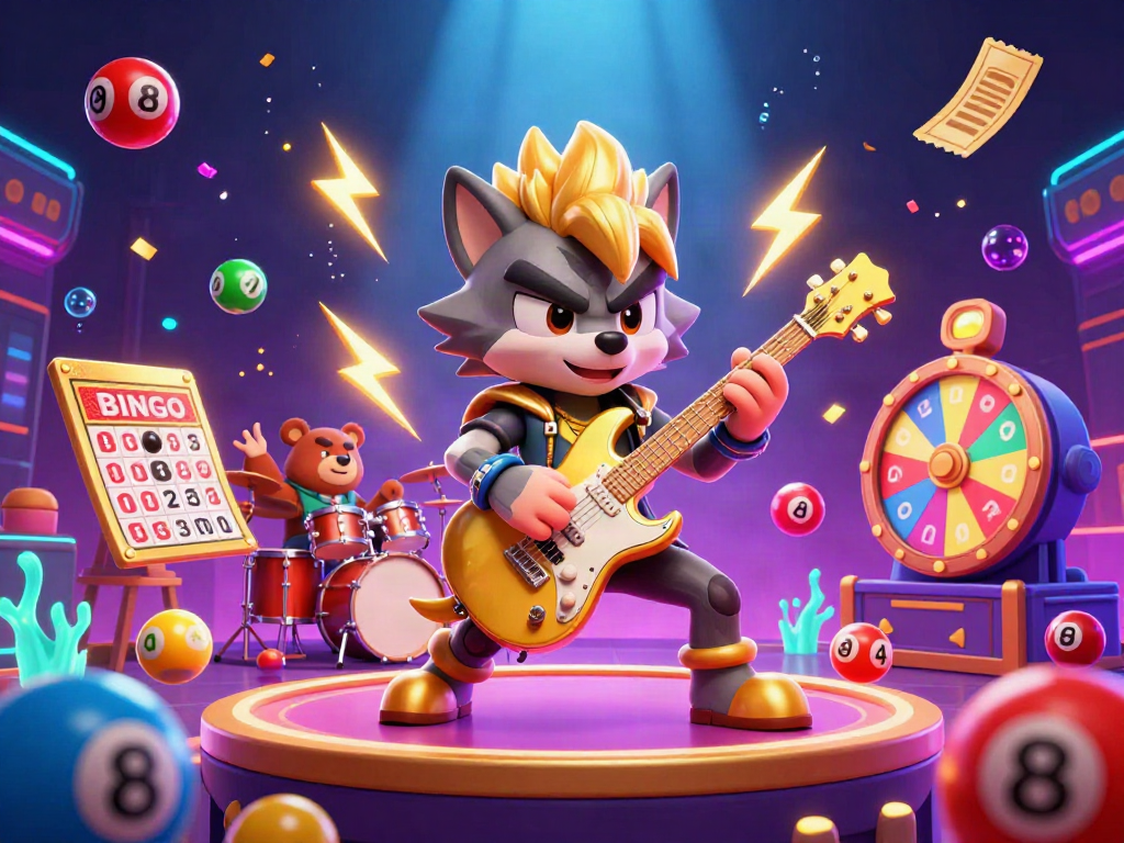 Experience thrilling adventures with cuy88 as a rock star wolf and drummer bear illuminate the casino stage.