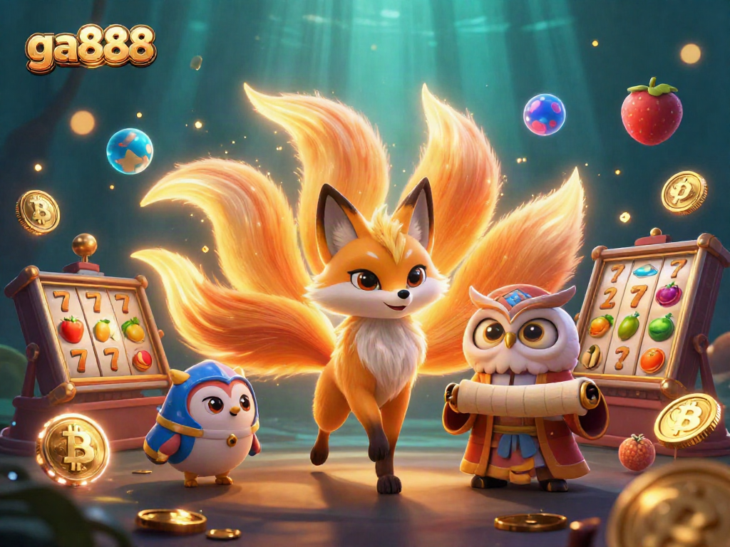 Engage with ga888's immersive casino experience, featuring a glowing nine-tailed fox spirit and vibrant gaming elements.