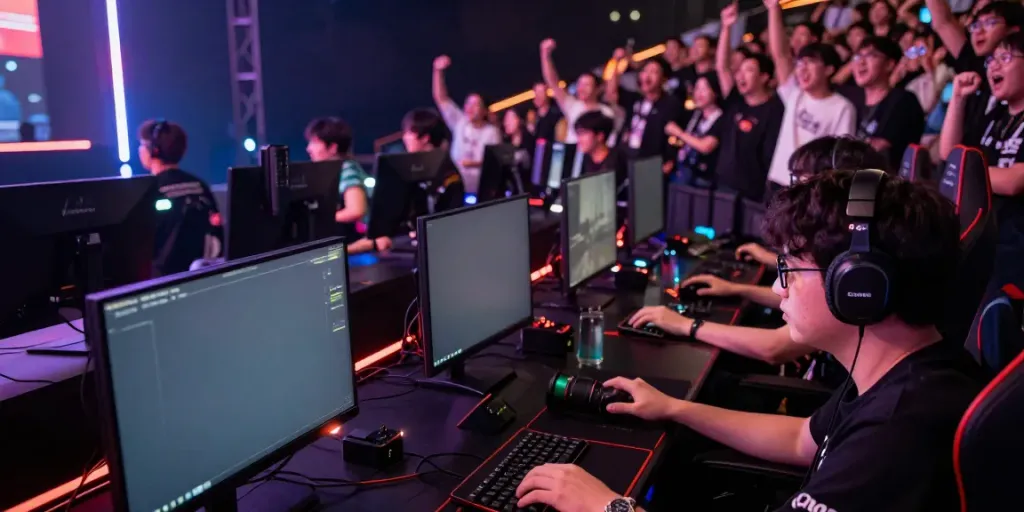 Kilat 404 gaming tournament featuring excited players and spectators in a vivid esports arena.
