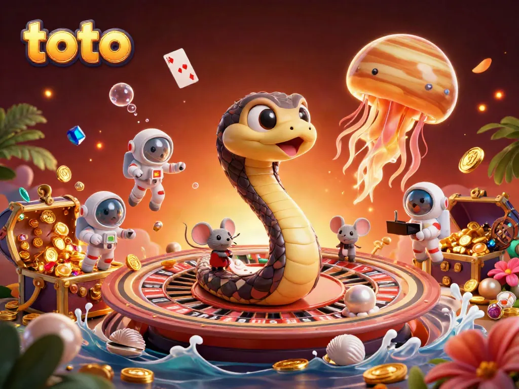Experience thrilling toto betting as astronauts engage in cosmic roulette with vibrant characters and dynamic oceanic elements.