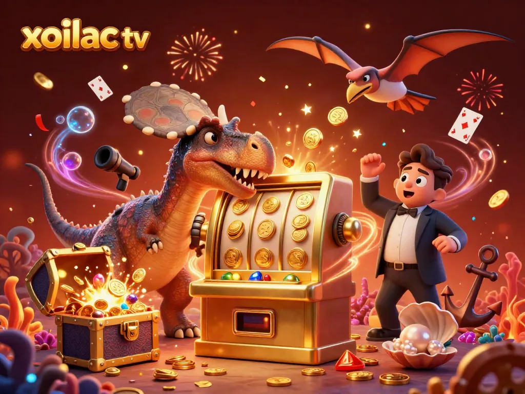 Xoilac TV scene with cartoon characters engaging in thrilling slot machine action.