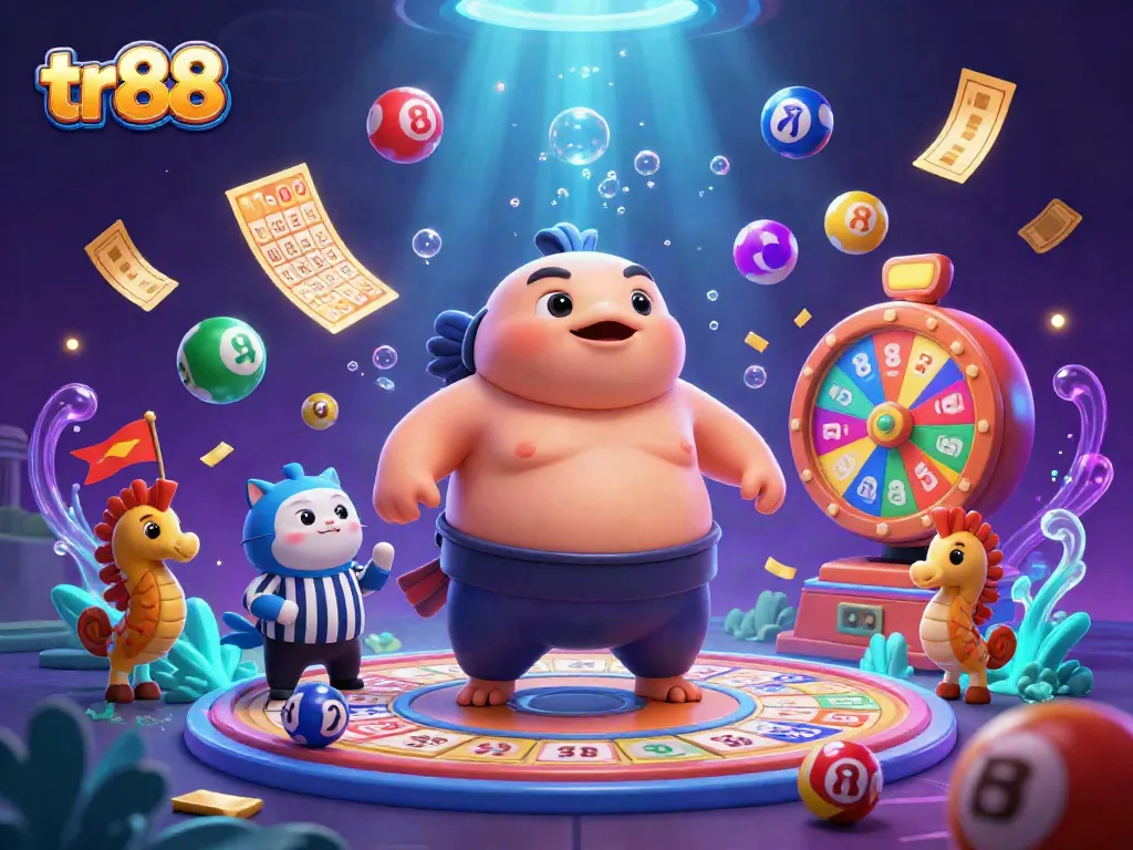 tr88 showcases a lively underwater casino scene featuring colorful lottery elements and playful characters.