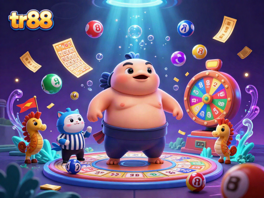 tr88 showcases a lively underwater casino scene featuring colorful lottery elements and playful characters.