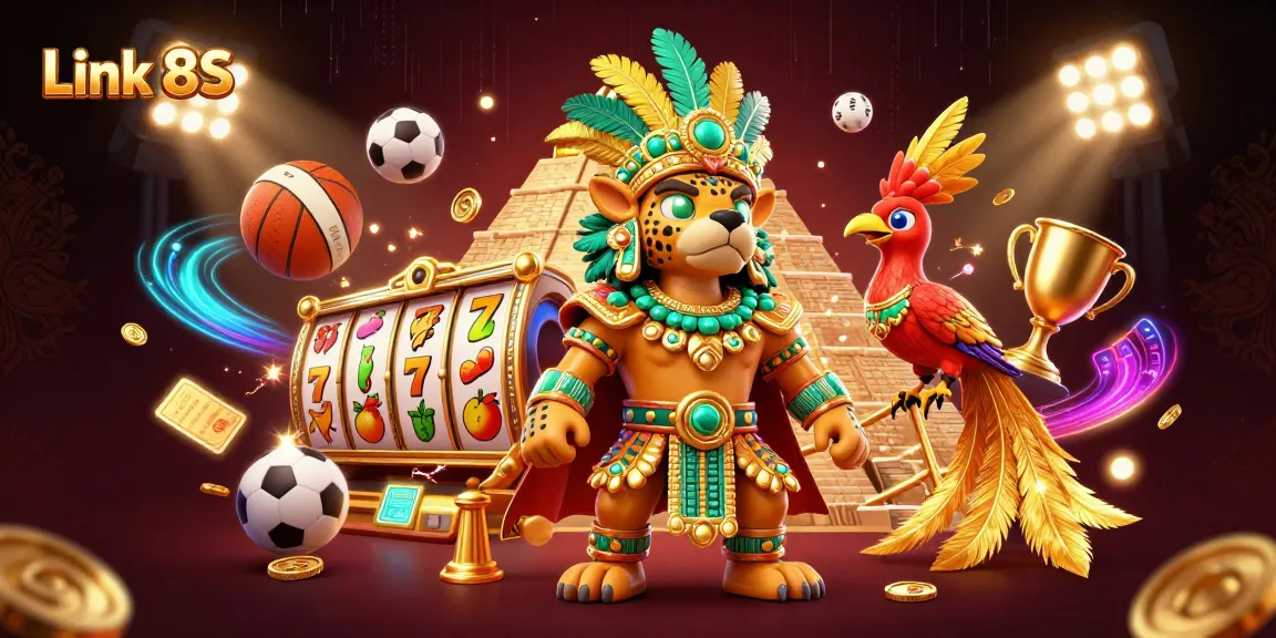 Engage with Link 8S through a vibrant 3D casino scene showcasing a Mayan priest and iconic game elements.