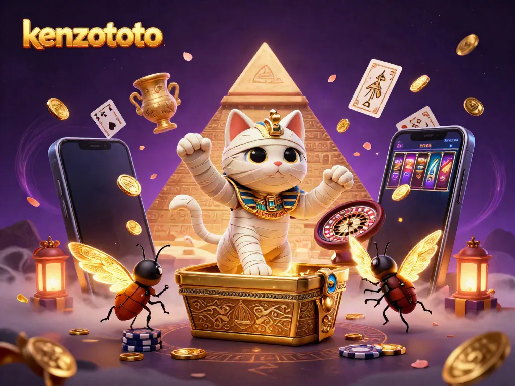 Engage with kenzototo, featuring a vibrant scene of a mummy cat and gaming elements in a pyramid casino.