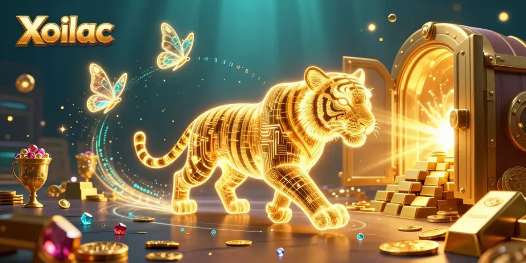 Xoilac brings excitement to digital gaming with a neon tiger in a vibrant 3D casino scene.