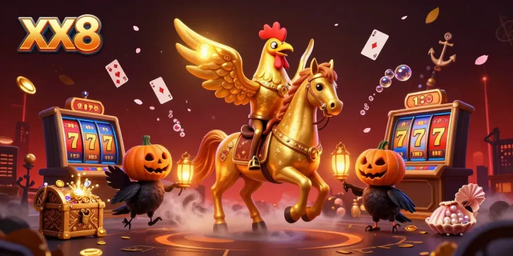 Engage with the action in the lively XX8 casino scene featuring a golden rooster and dynamic gaming elements.