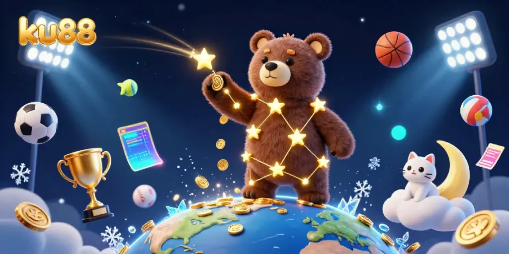 Engage with ku88, a vibrant gambling scene depicting a constellation bear, sports elements, and interactive effects.