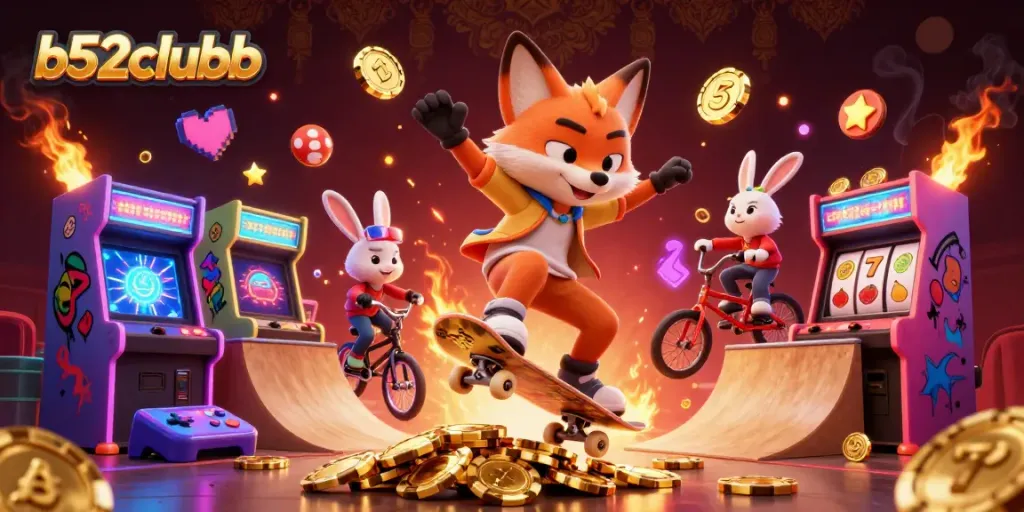 b52clubb showcases an energetic scene with a skateboarder fox and BMX rabbit surrounded by vibrant casino elements.