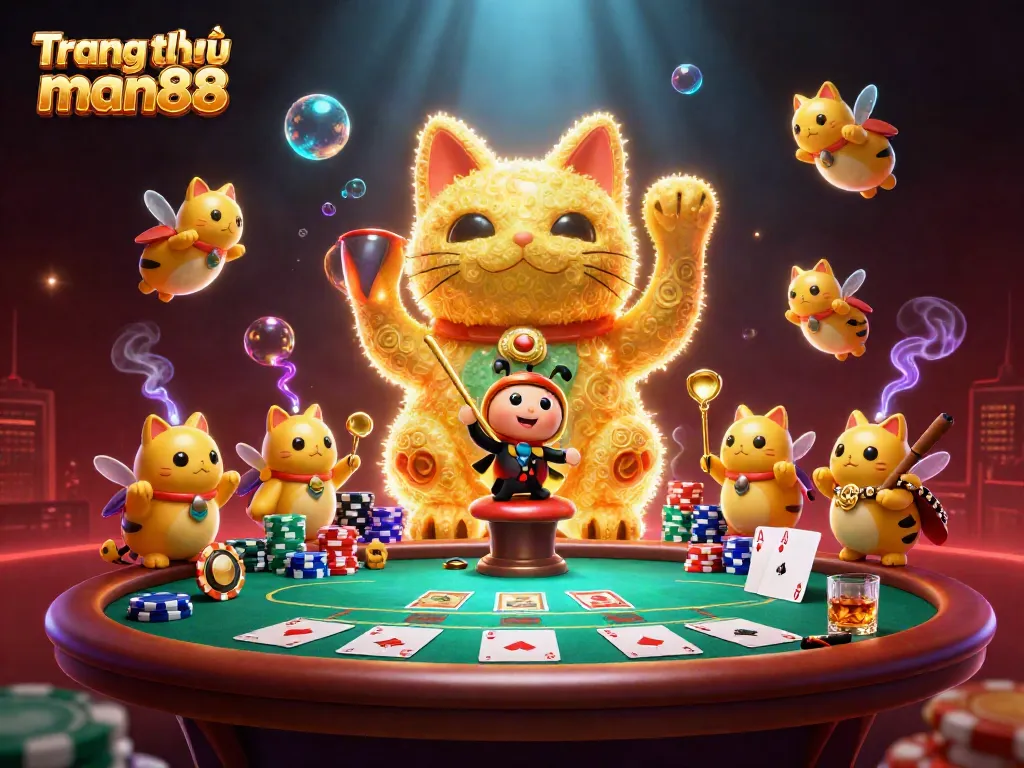 Experience the excitement of Trang chủ man88 as golden fireflies embody a lucky cat in a casino-themed illustration.