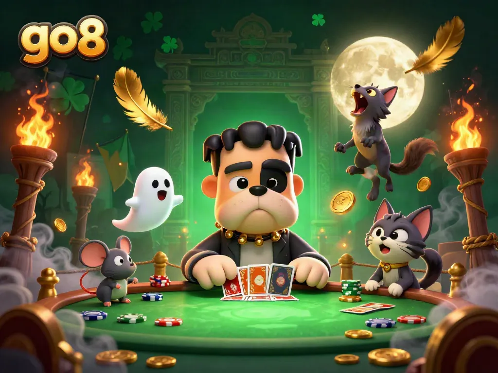 Engage in thrilling casino action with go8 as the Frankenstein bulldog dealer and ghost mouse enhance the gaming atmosphere.