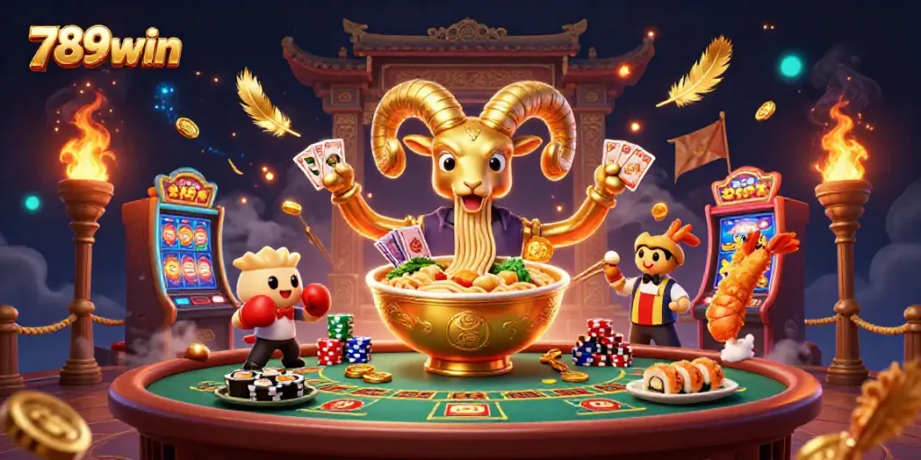 Join the fun at 789win with a vibrant casino scene featuring a giant golden ramen bowl, cards, and cheerleaders.