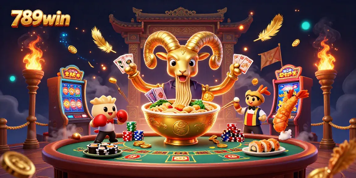 Join the fun at 789win with a vibrant casino scene featuring a giant golden ramen bowl, cards, and cheerleaders.