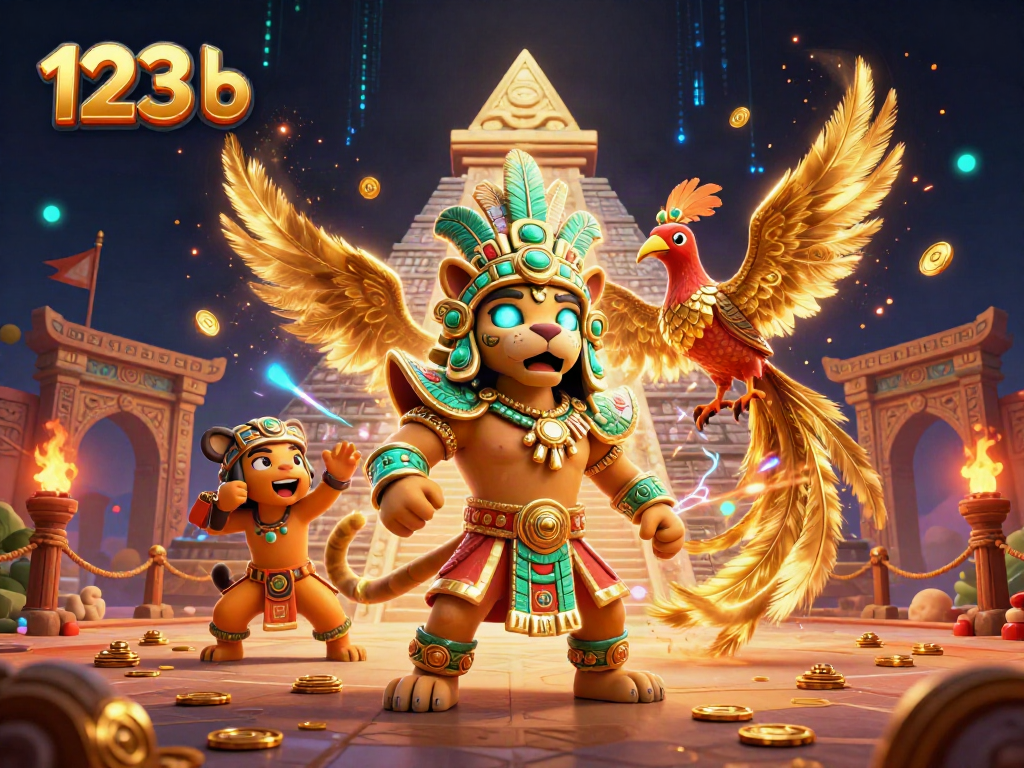 Engage in thrilling games at 123 b with a vibrant scene of a Mayan priest and quetzal bird.