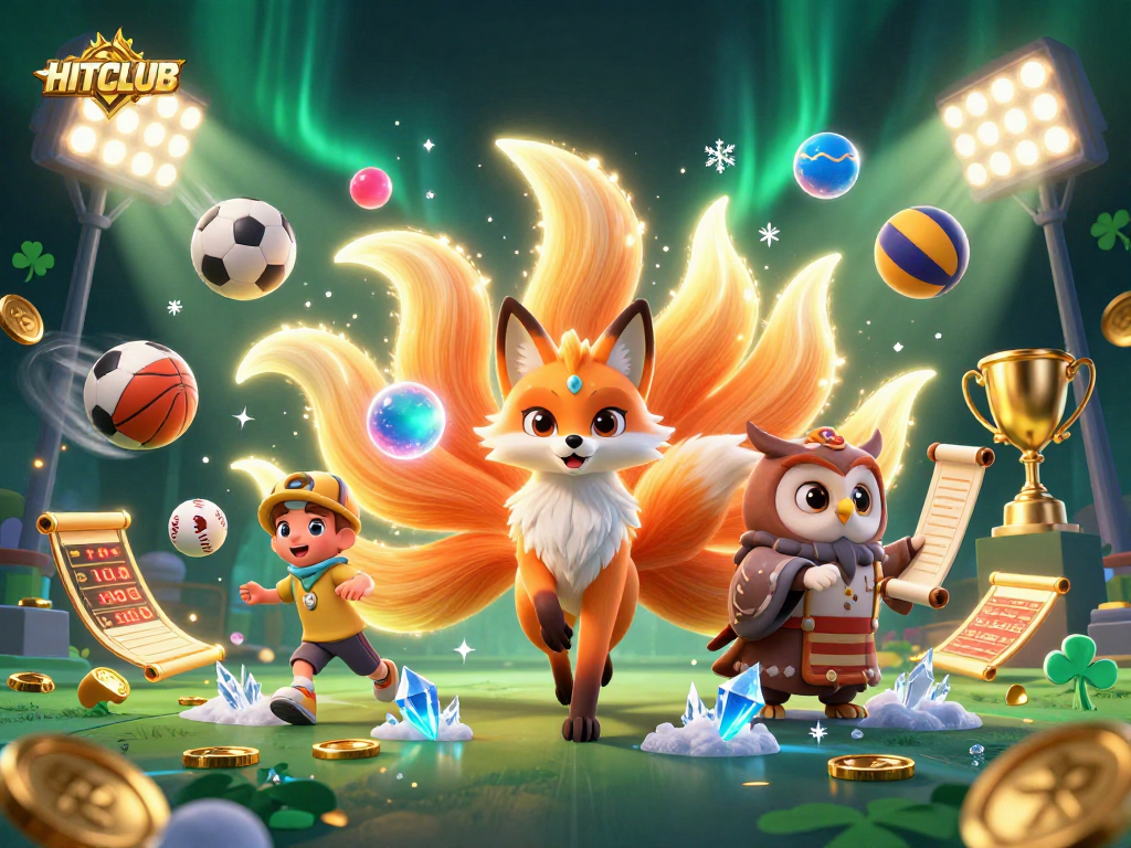 Experience the thrill of gaming at HITCLUB with a vibrant 3D scene featuring unique characters and energetic sports elements.