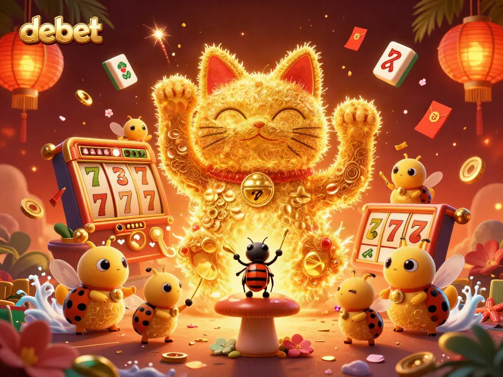 Experience the exciting debet casino atmosphere with the lucky cat and dynamic casino symbols.