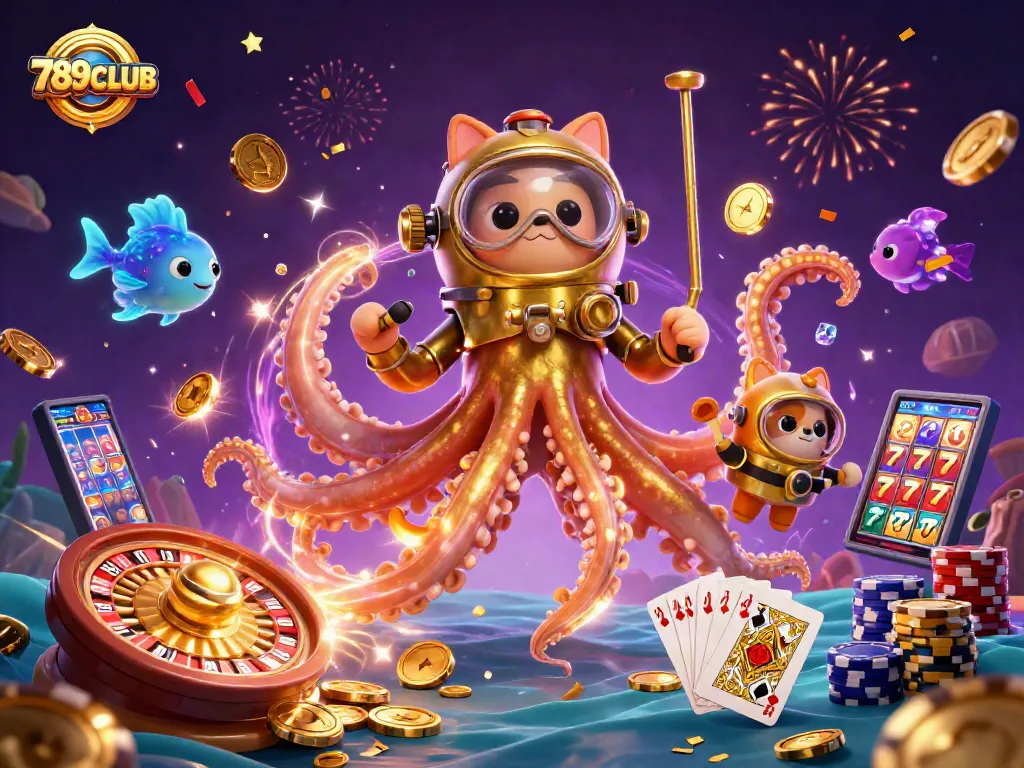 Engage with thrilling 789CLUB casino experiences featuring a kraken, diving cat, and vibrant game elements.