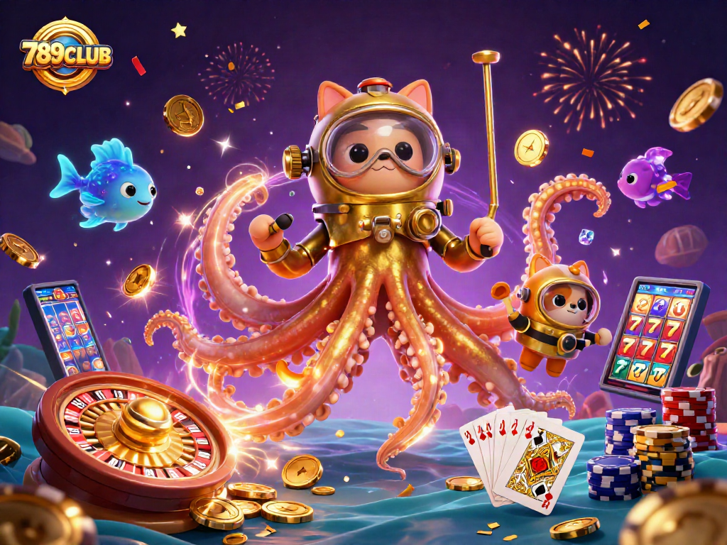 Engage with thrilling 789CLUB casino experiences featuring a kraken, diving cat, and vibrant game elements.