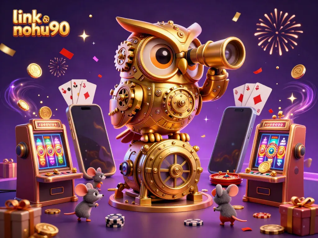 Engage with the vibrant atmosphere of link nohu90, showcasing a golden owl and interactive casino elements.