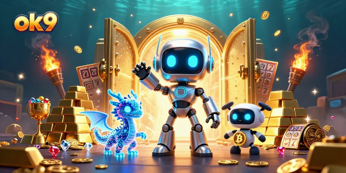 Engage in ok9 gaming adventures with a vibrant scene featuring a cyberpunk robot and holographic dragon amidst treasures.