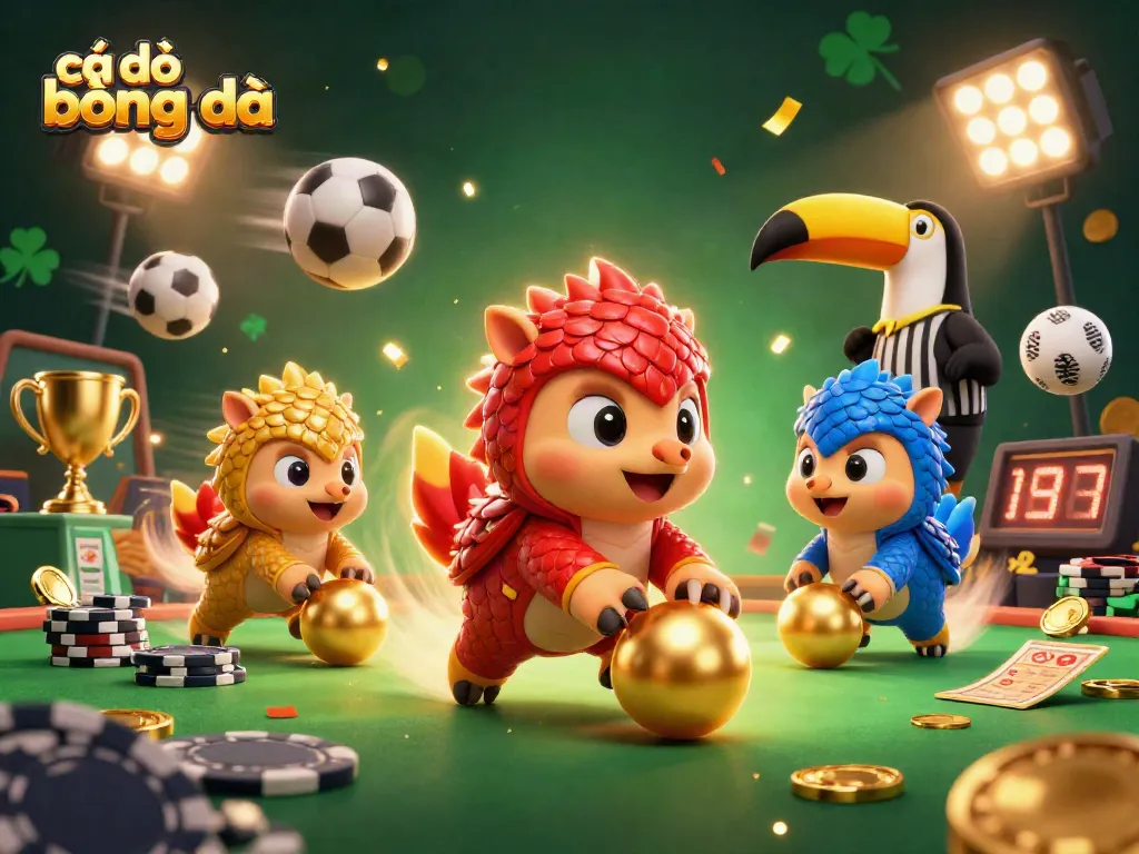 Cá độ bóng đá scene with rival pangolins bowling through poker chips, showcasing lively betting action.