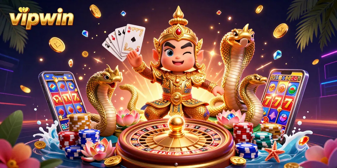 Experience winning moments at vipwin with vibrant casino-themed 3D illustration featuring guardians and game elements
