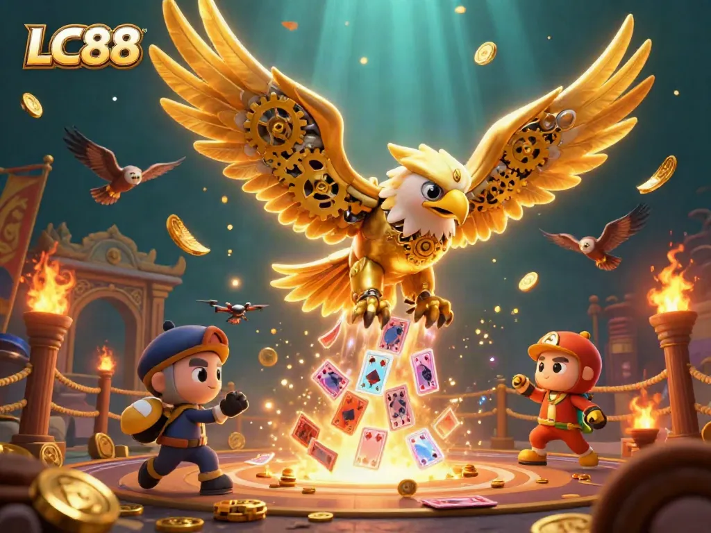 Experience excitement at LC88 as a golden eagle maneuvers through a vibrant casino scene filled with cards and riches.