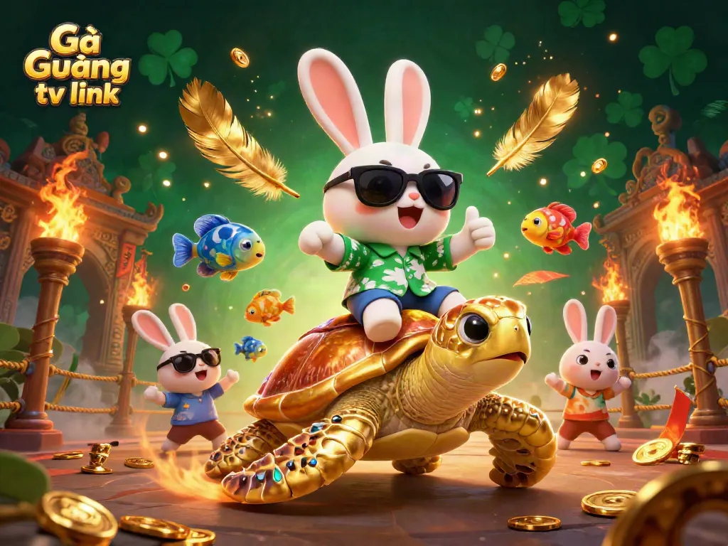 Win big with Gà vàng tv link as the lucky rabbit gives a thumbs up on a golden turtle in a vibrant casino scene.