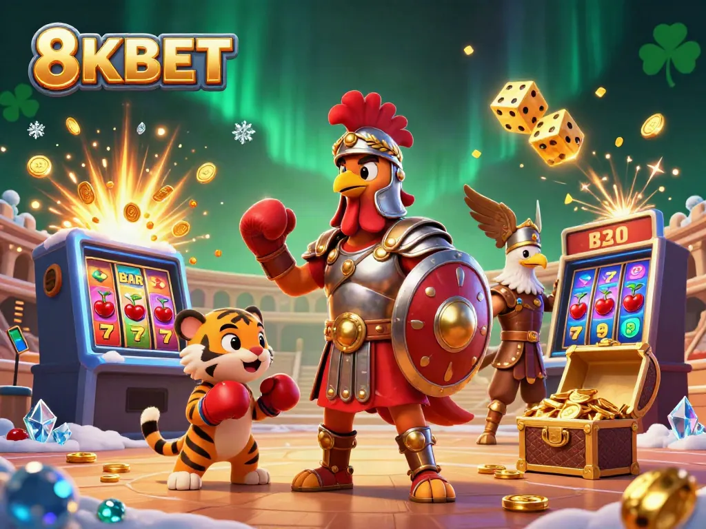 Experience the interactive excitement of 8KBET with a vibrant 3D casino-themed illustration featuring a rooster and more.
