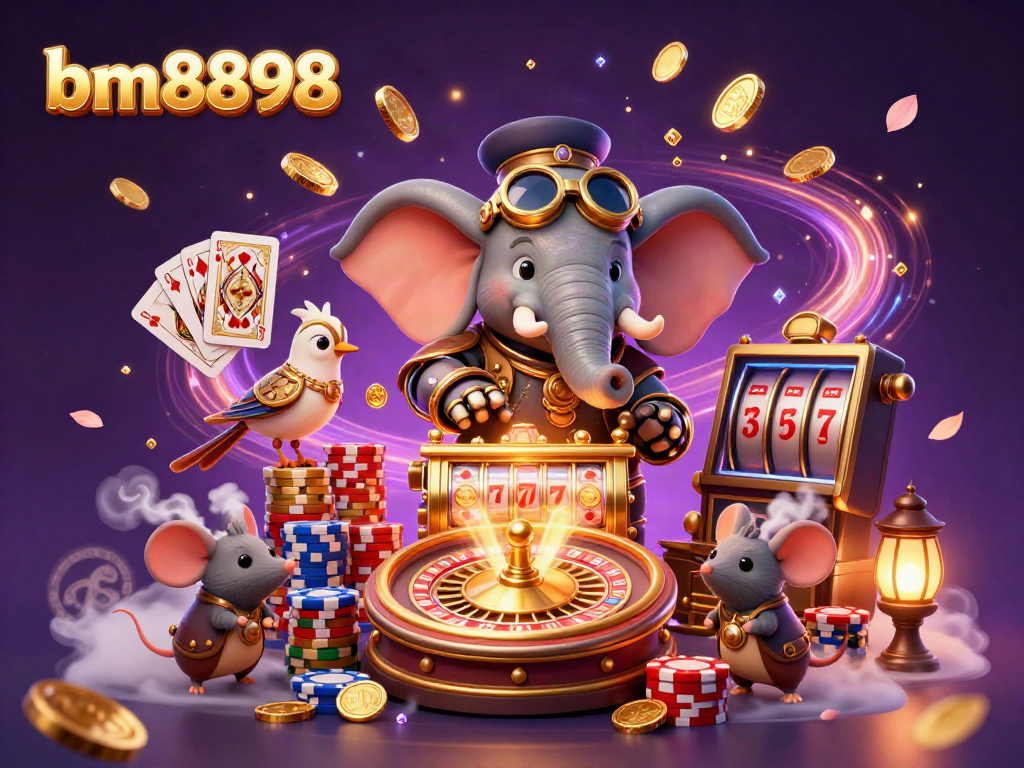 Engage with the vibrant action of bm8898's steampunk casino scene featuring dynamic slot machine gameplay and cascading gold coins.