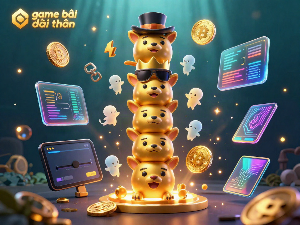 Engage with game bài đổi thưởng through vibrant 3D illustration featuring a dynamic golden totem pole and crypto elements.