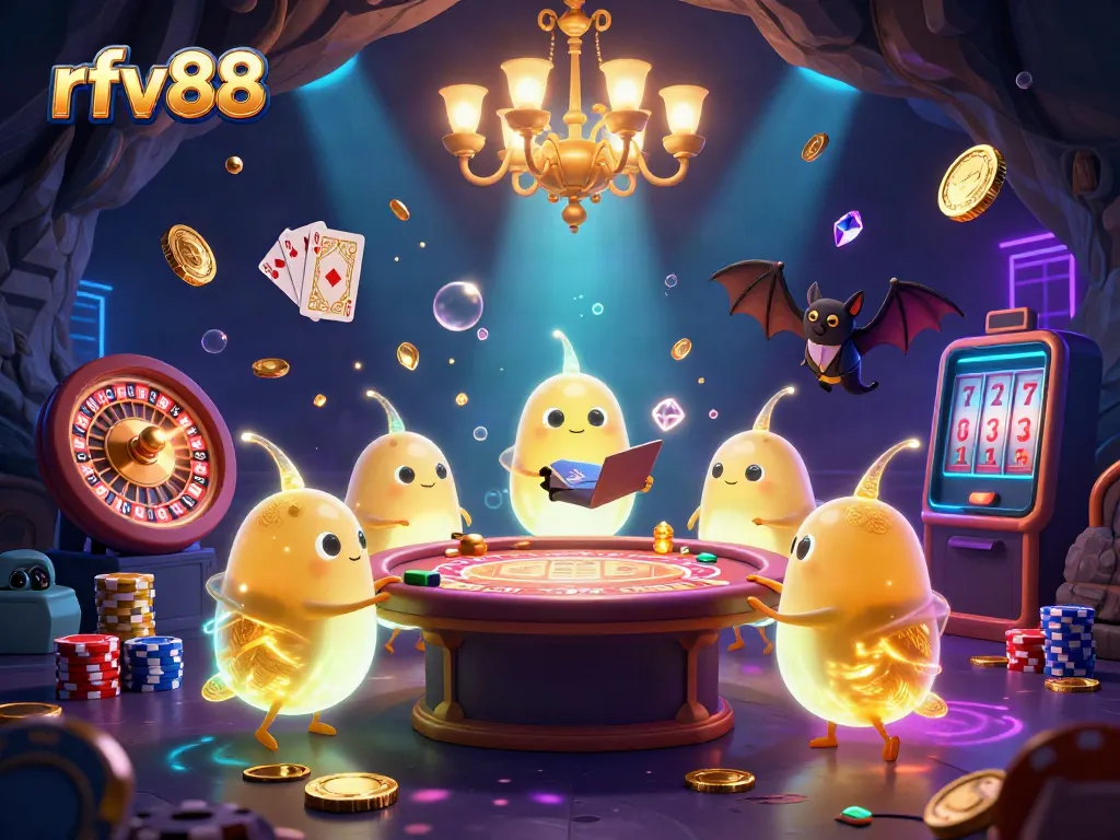 Engage with the vibrant rfv88 cave casino scene featuring glowworms and an upside-down bat dealer.