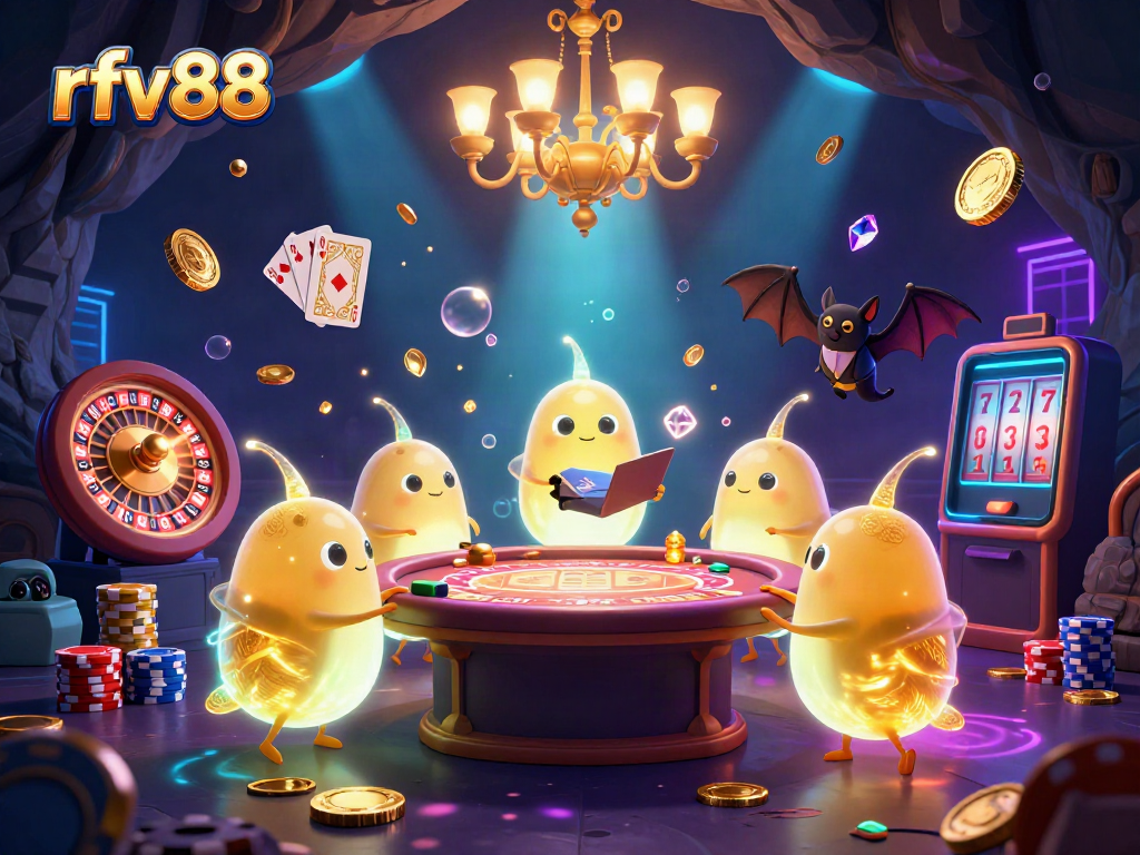 Engage with the vibrant rfv88 cave casino scene featuring glowworms and an upside-down bat dealer.