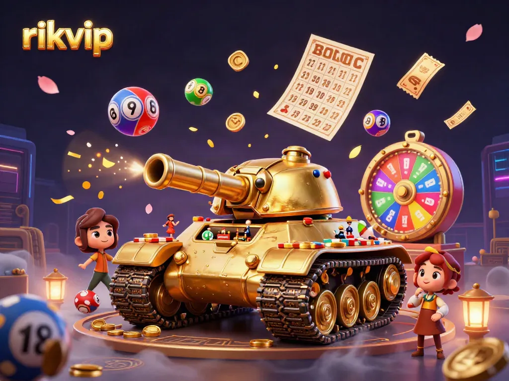 Experience the thrill of rikvip with a vibrant casino scene bursting with lottery balls and prizes.