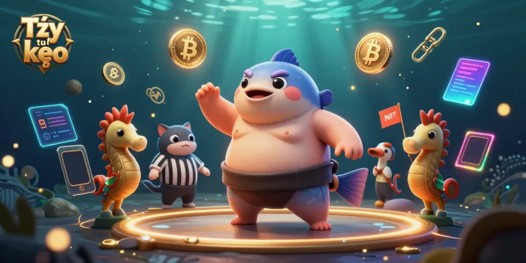 Engage with Tỷ lệ kèo as a fugu in a sumo ring competes under a sea backdrop filled with crypto symbols.