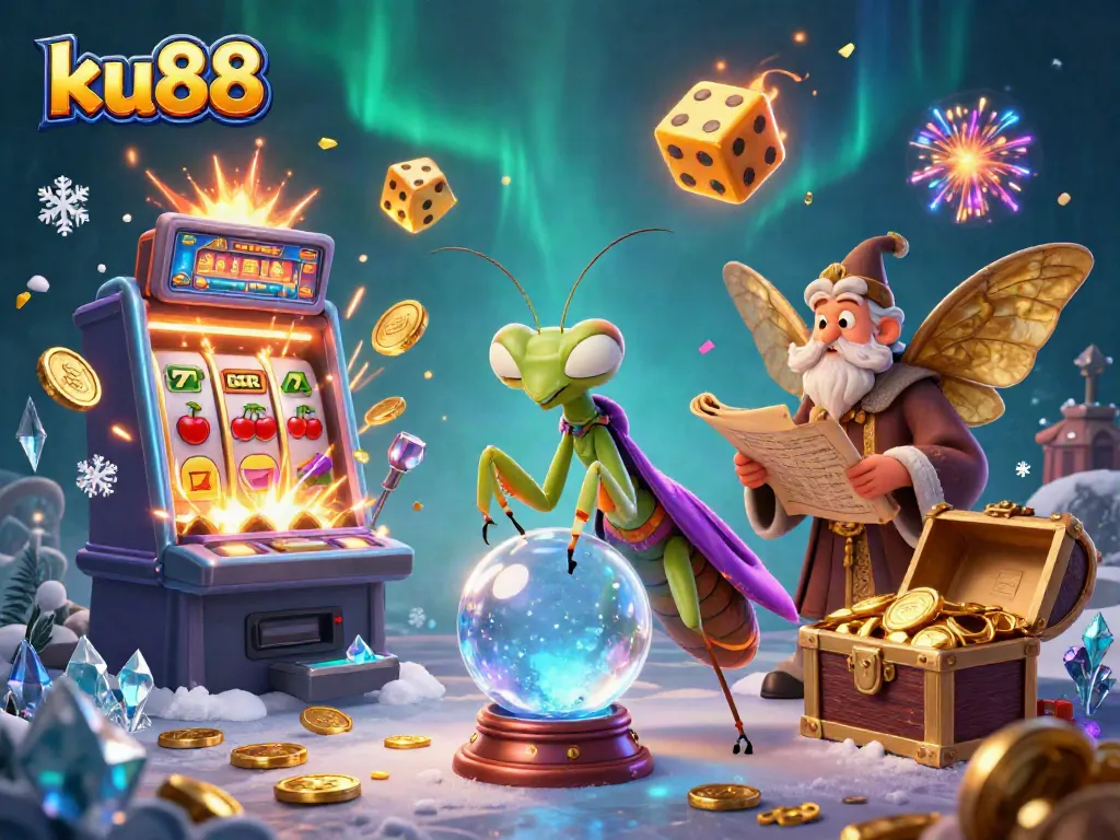ku88 engaging players with a vibrant gambling scene featuring a mystical fortune teller and jackpot slots