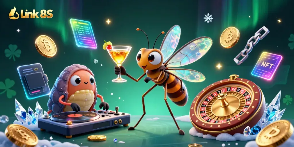 Experience the excitement of Link 8S with a vibrant 3D casino illustration featuring a frozen mosquito mascot.