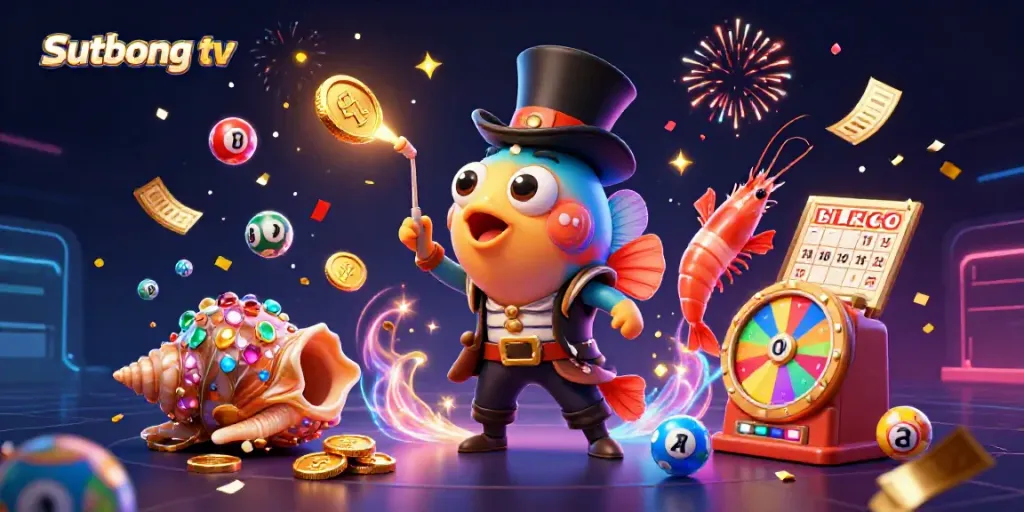 Sutbong tv showcases an engaging scene with characters enjoying a bounty of golden coins amidst festive elements.