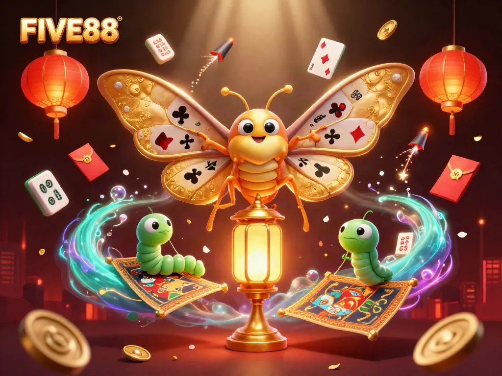 Engage with the thrilling FIVE88 casino experience through a vibrant scene of a cartoon moth symbolizing excitement and luck.