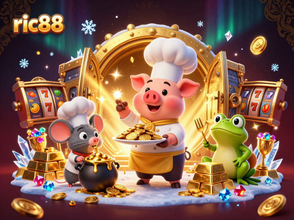 Experience excitement at ric88 with a chef pig serving gold coins, symbolizing casino wealth.