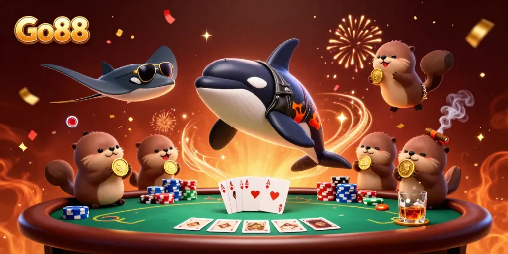Experience thrilling Go88 gaming action with vibrant characters, poker elements, and celebratory effects in a dynamic scene.