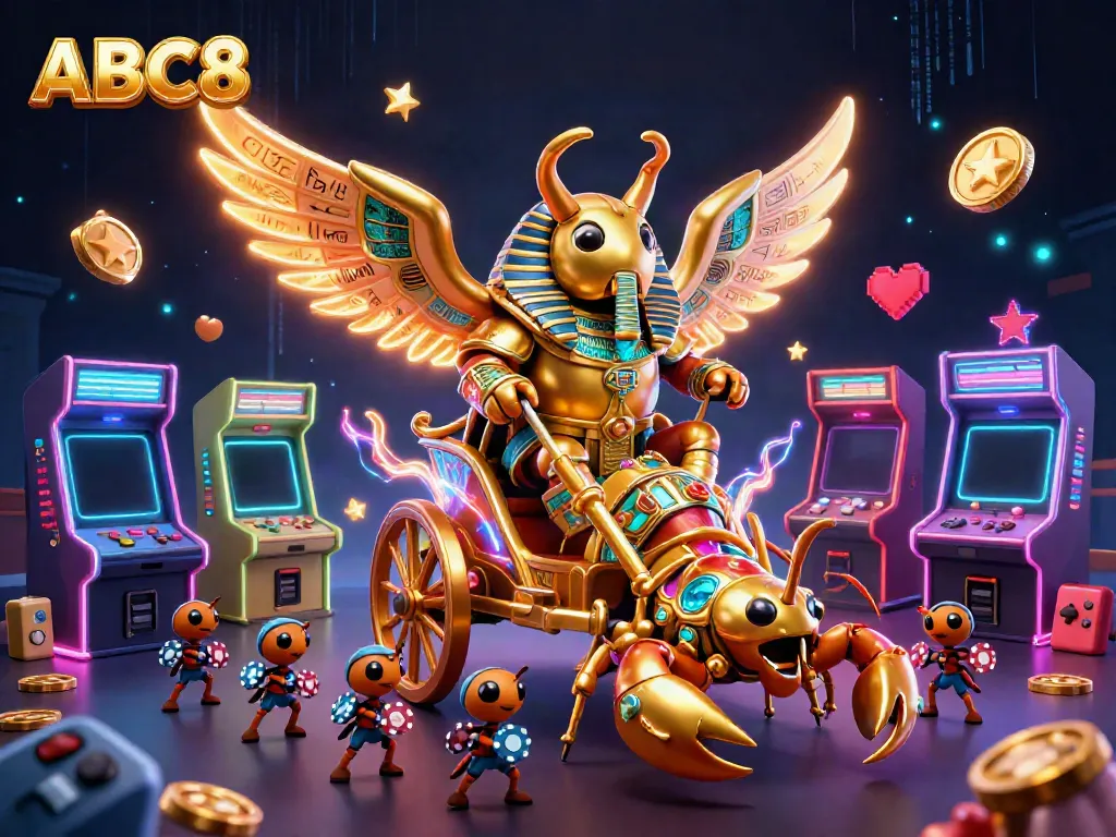Experience the vibrant fun at ABC8 with a colossal golden scarab beetle leading a thrilling casino scene.