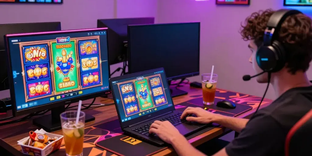 Player enjoying slot88 games on laptop with vibrant graphics.