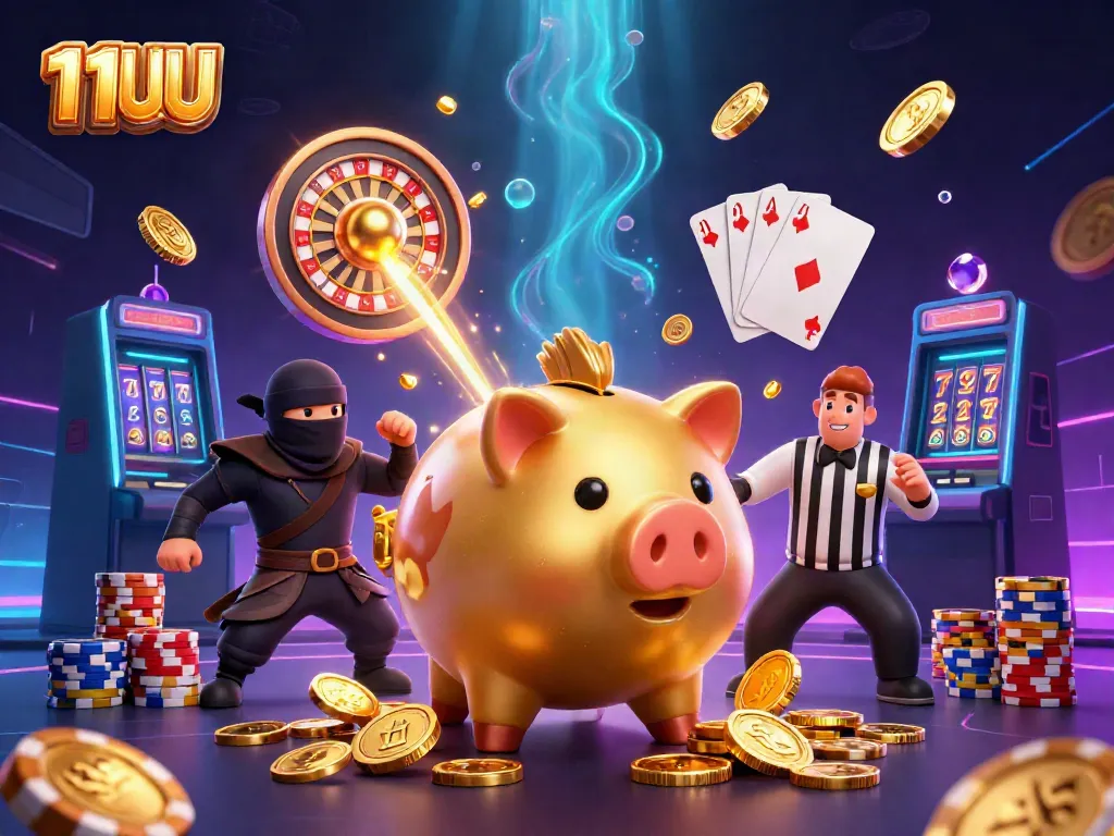 Experience the thrill of casino gaming with 11UU's vibrant scene featuring lively characters and dynamic elements.